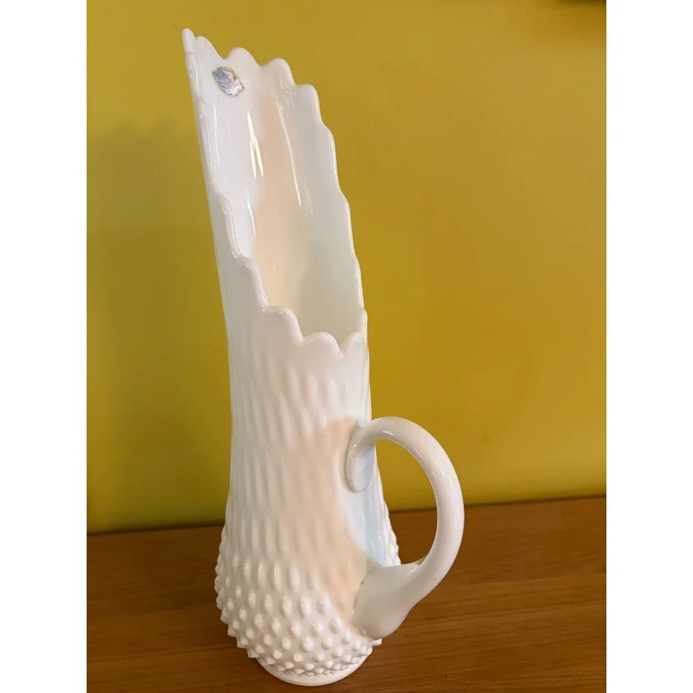 Vintage Fenton Hobnail Milk Glass 16 Finger Swung Pitcher Vase 15